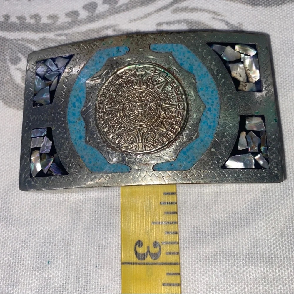 MEXICO ALPACA AZTEC CALENDAR SILVER MOTHER OF PEARL‎ BELT BUCKLE